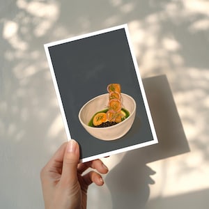 Impression d'art ufs x3 – Illustration de plat gastronomique | Impression giclée 5 x 7 po. 18 x 24 po. signée | Caviar, jaune d'oeuf et brioche | Décoration murale de cuisine moderne