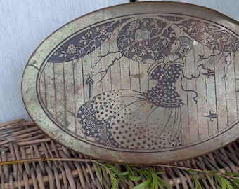 Vintage 1920's Brass Gold Etched Engraved Figure Oval Tin - Girl at the Garden Gate with Birds -  Art Deco Storybook Cottage Decor