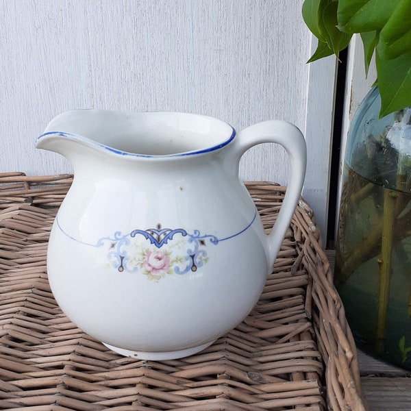 Vintage Blue Rose Floral Pitcher, Small Transferware Ironstone Creamer - 4.5" Tall, Wellsville China Ohio - Cottage Farmhouse