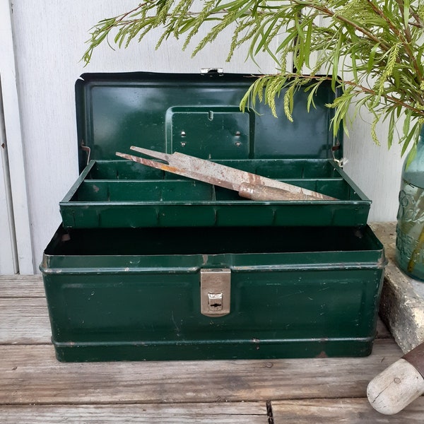 Vintage Green Metal Toolbox - Garden Tool Storage Tote Caddy - Hamilton Metal Products, Ohio - Industrial Farm Decor