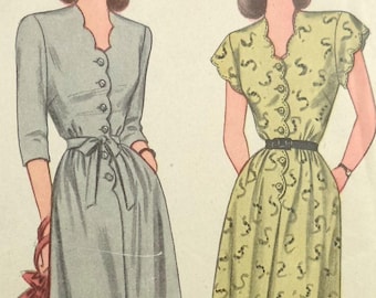 Vintage 1940's Scallop Ausschnitt Kleid Schnittmuster - 30 Büste, 25 Taille - Einfachheit 1549