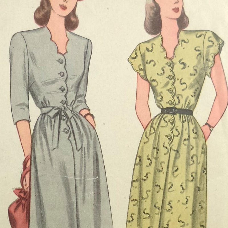 Vintage 1940s Scalloped Wave Ribbon Tie Dress | S/M