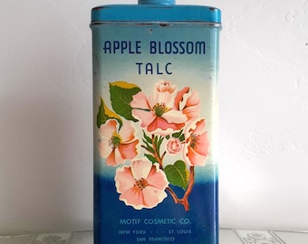 Vintage 1940's Blue Apple Blossom Talc Powder Tin, Deco Metal Container, Motif Cosmetic Co