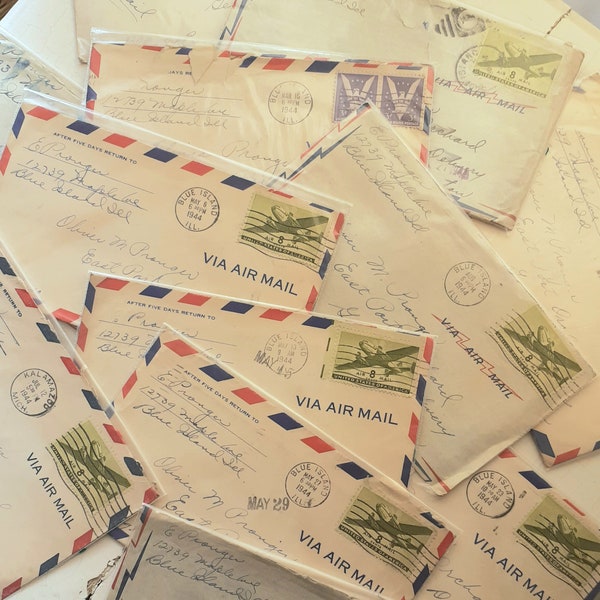 Vintage WWII Letter Bundles, Handwritten Correspondence, US Air Mail, Pronger Family, Blue Island Illinois - Wartime Homefront History