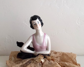 Vintage 1920 Halbpuppe Ballerina, Nadelkissen Brush Lady, Porzellan Flapper Made in Germany