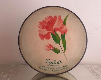Vintage 1930's Oeillet Carnation Cheramy  Talc Powder Tin, Light Green Pink Floral Metal Container