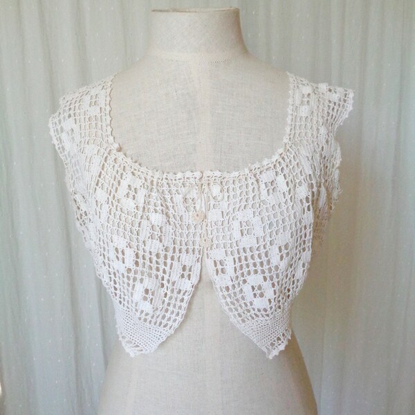 Vintage 1910's White Crochet Flower Corset Cover, Edwardian Cotton Camisole Chemise - Size Small, 38" Bust, 24" Underbust