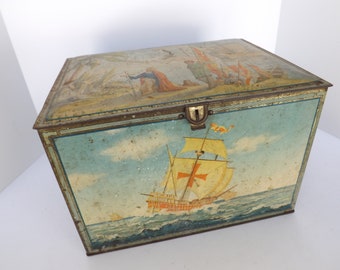 Tin box with ship motif, vintage, blue, orange, cracker, cookie, tea, biscuit, bin, container, metal, storage, kitchen decor, pantry, old
