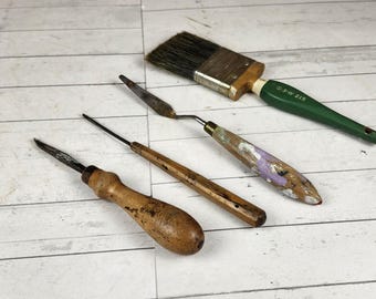 Vintage Artist Tool Lot - Set of 4: Brushes, Rustic Art Supplies, Craft Decor