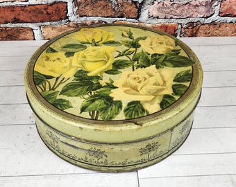 Vintage Huntley & Palmers Round Metal Biscuit Tin: Flowers Roses, Storage Display