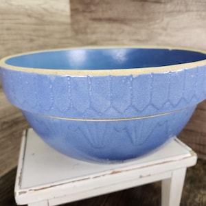 Vintage Glazed Stoneware Bowl, Blue Farmhouse Kitchen Decor