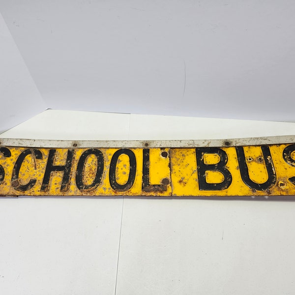 Vintage School Bus Marquee Sign: Yellow Embossed Metal, Man Cave Decor (29x5in)