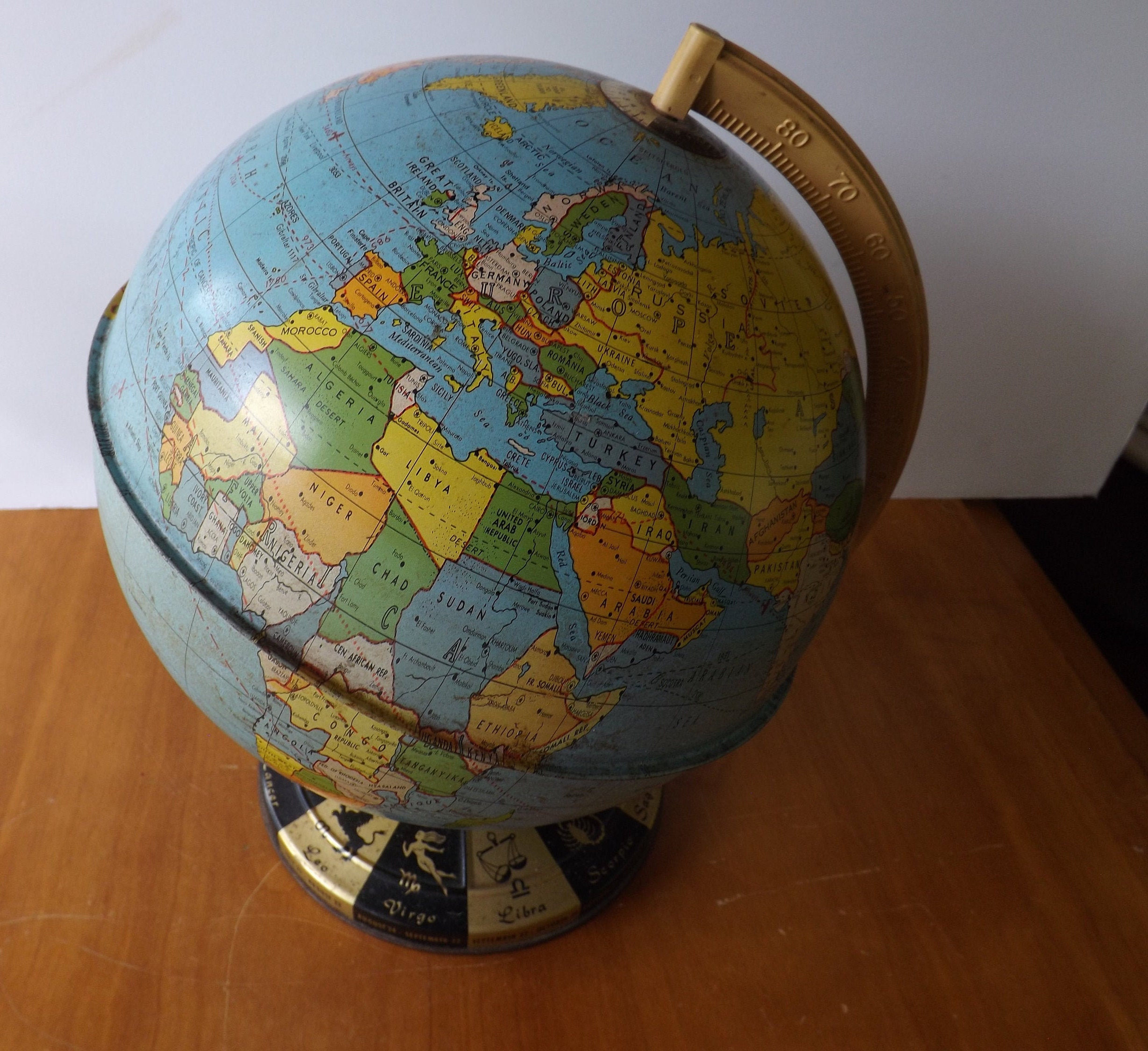 Vintage globe with zodiac signs on base metal tin earth Etsy