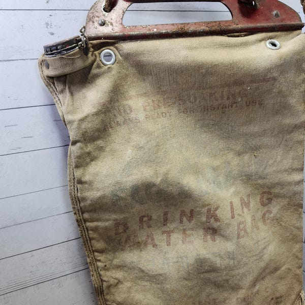 Eagle Brand Drinking Water Bag, vintage, container, outdoors, canvas, food, dining, retro, display, decor, drinks, metal, camp, cabin, old