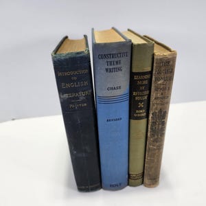 Set 4 textbooks, vintage retro, English display, office den, teacher gift, novel, bookshelf book case, literature, theme writing, study