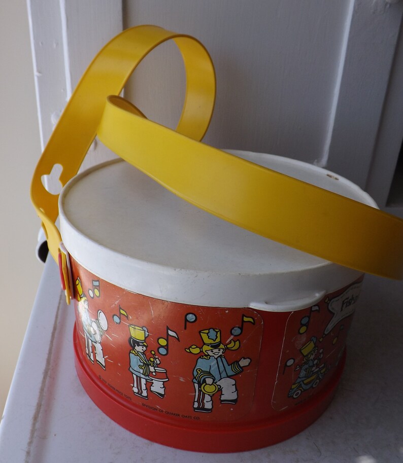 vintage play storage display music musical 921 decor decoration 1979 instrument red white Fisher Price toy drum with strap toy