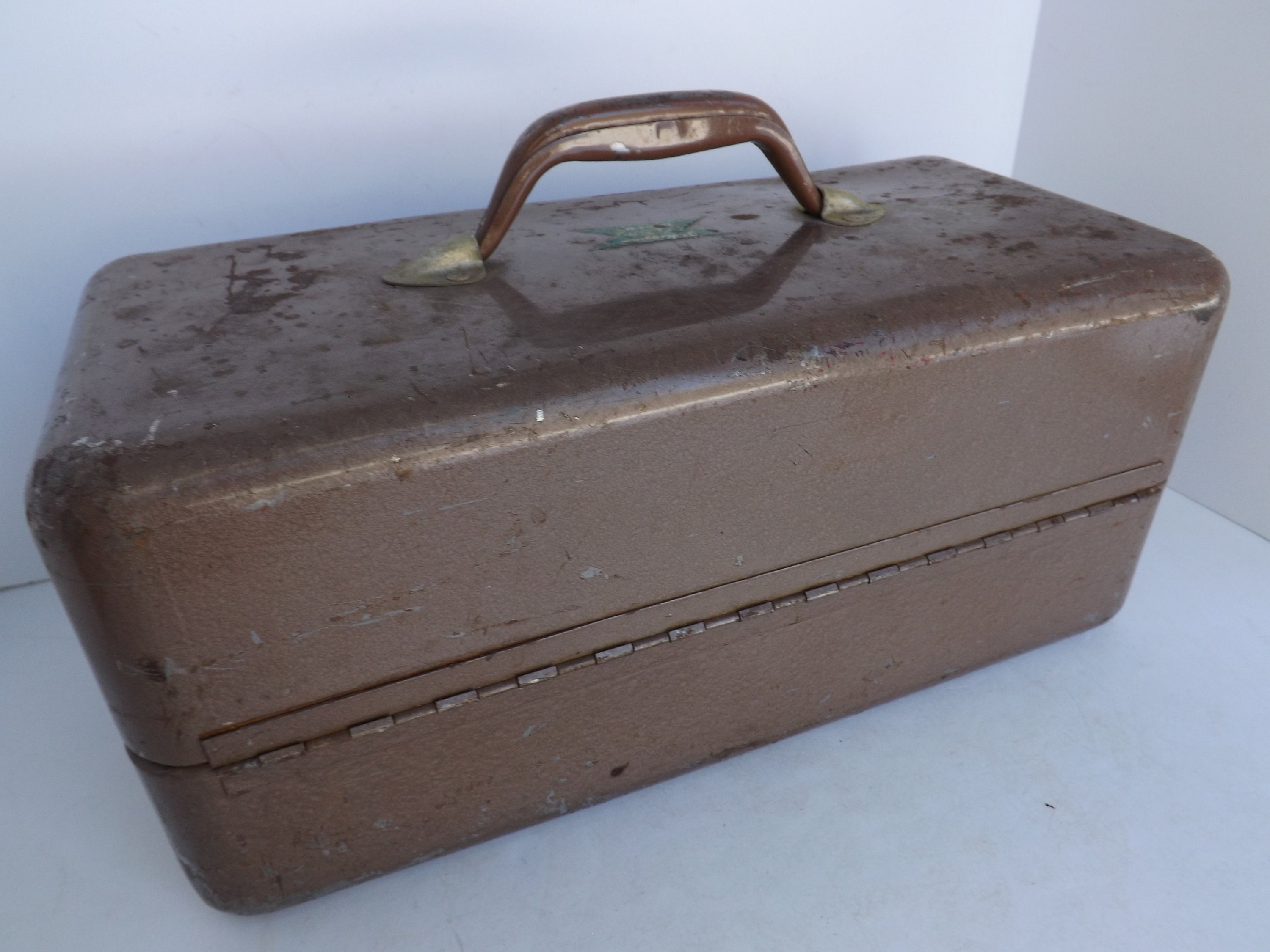 JC Higgins Tackle Box, Vintage, Brown, Metal Steel, Toolbox Tool