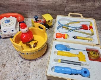 Vintage Fisher Price Toy Lot: Medical Kit, Toot Toot Train, Chatter Phone