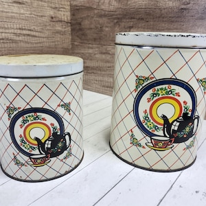 Vintage Teapot Canister Set: Checkered Retro Kitchen Decor