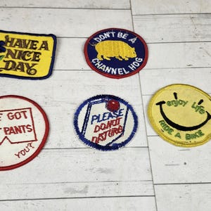 May include: A collection of vintage embroidered patches with various designs and text. One patch reads "Have a Nice Day" with a flower, another says "Don't Be a Channel Hog" with a pig, and others feature phrases like "I've Got Hot Pants".