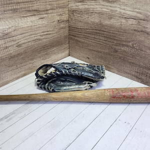 Baseball glove and bat, blue, vintage leather, sports equipment, sport, mitt, decor Cooper 248, bar, man cave, gear, T Ball 125 TB retro,