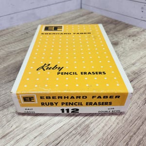 May include: A box of Eberhard Faber Ruby Pencil Erasers. The box is yellow with white polka dots and white trim. The text "Ruby Pencil Erasers" is in black script. The box also has the number "112".