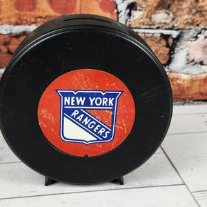 Vintage NHL New York Rangers Hockey Puck Bank: Plastic Sports Bar Man Cave Decor