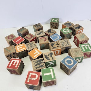 Set 28 wooden letter blocks, vintage retro, stack, toy building, painted, primitive, shabby chic, decor, distressed, jar filler blue red old