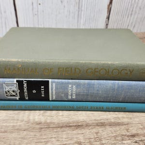 Set of 3 textbooks, vintage retro, display, office den, teacher gift, novel, bookshelf book case, science, geology, geophysics, astronomy