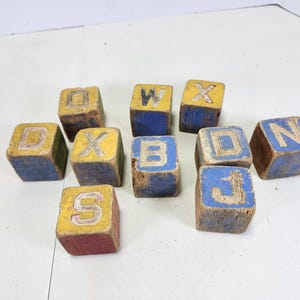 Set 10 wooden letter blocks, vintage retro, stack, toy building, painted, primitive, shabby chic, decor, distressed, jar filler blue red old