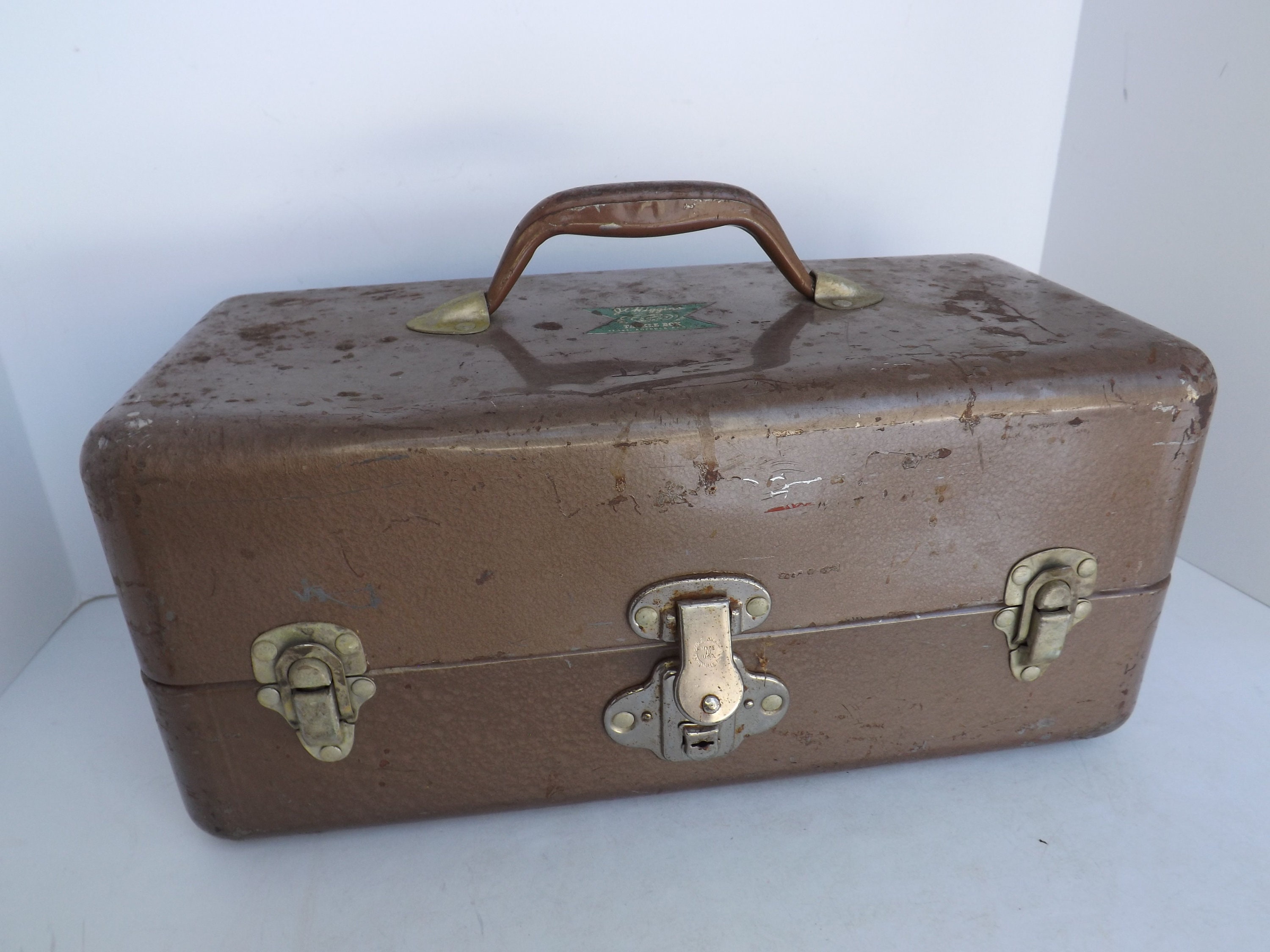 JC Higgins Tackle Box, Vintage, Brown, Metal Steel, Toolbox Tool