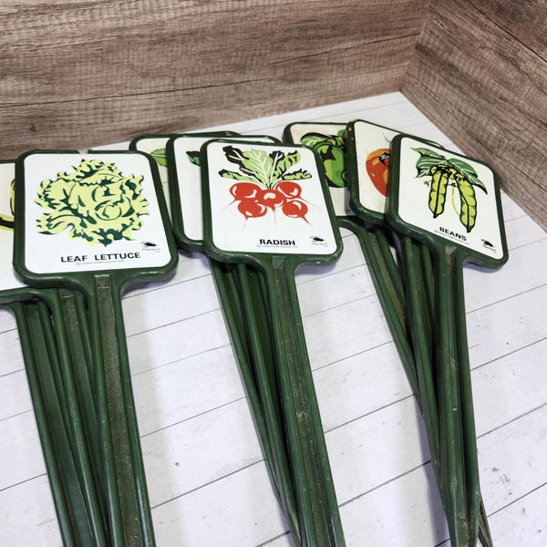 Vintage Happy Harvest Garden Stakes - 1970s Vegetable Markers, Set of 9
