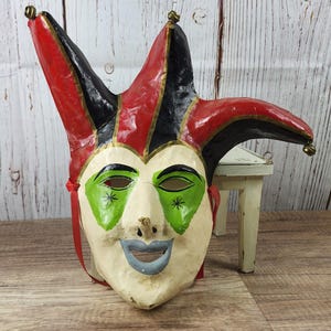Vintage Jester Carnival Mask: Red & Black Paper Mache Decor