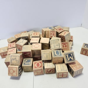 Set 59 wooden letter blocks, vintage retro, stack, toy building, painted, primitive, shabby chic, decor, distressed, jar filler blue red old