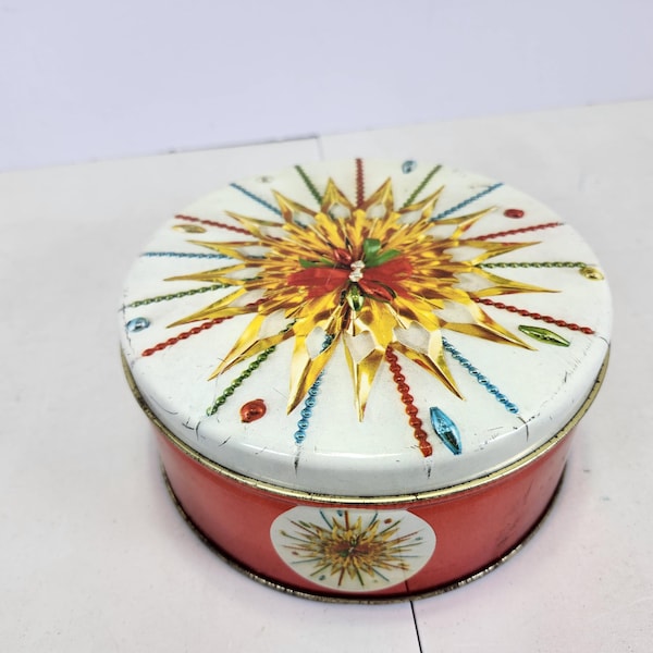 Vintage Christmas Tin: Round Metal Storage Container, Star Ornament