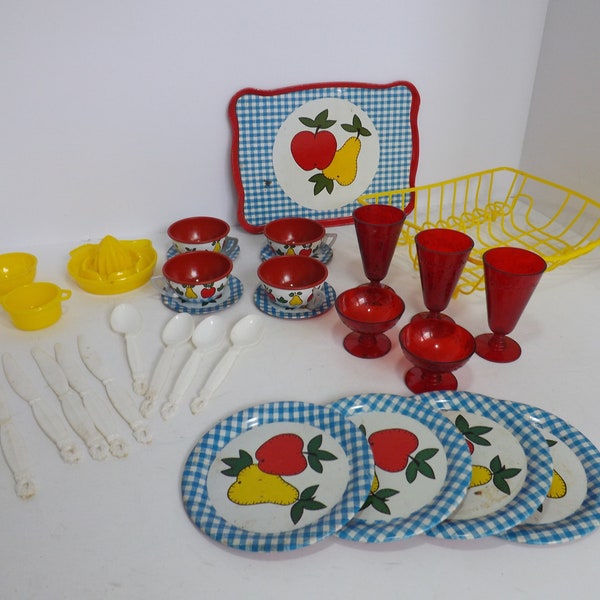 Lot of toy dishes, vintage, Ohio Art, kitchen, dishes, playroom, toys, old, child, kids, cook, drying rack, plastic, red, yellow, cups,plate