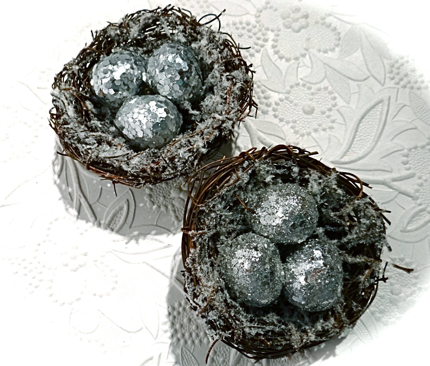 Winter Bird Nest Floral Decor Silver Eggs FL135 Etsy