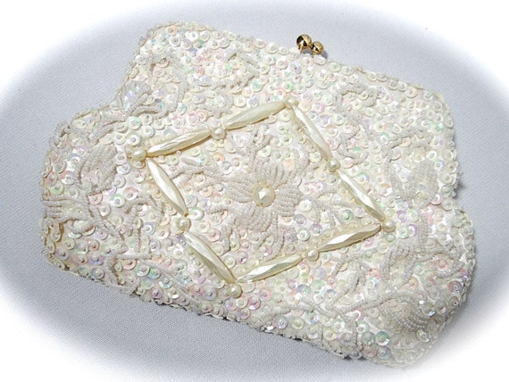 Sequined Beaded Evening Bag Vintage Ivory Purse 1… - image 3
