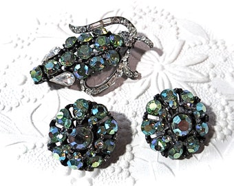 Rhinestone Brooch & Earring Set Green Rhinestone Costume Jewelry 1930's VA-122