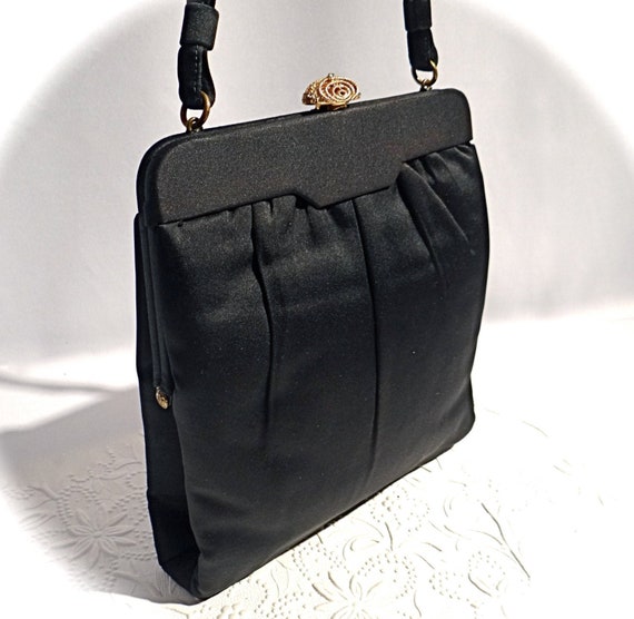 Black Satin Crown Lewis Hand Bag Vintage 1950's Pu