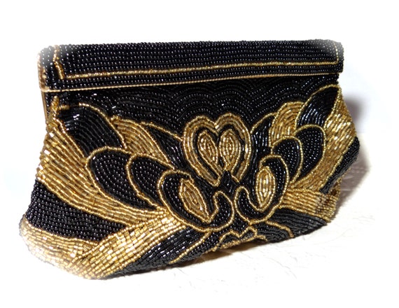Black Beaded Evening Bag Vintage Handbags Clutch … - image 4
