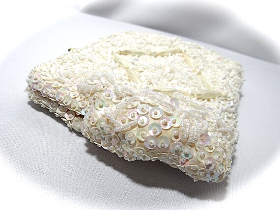 Sequined Beaded Evening Bag Vintage Ivory Purse 1… - image 5