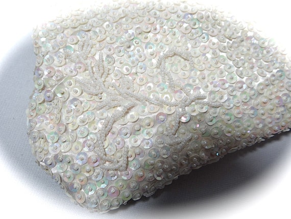 Sequined Beaded Evening Bag Vintage Ivory Purse 1… - image 7