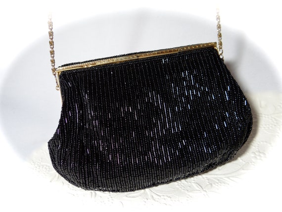 Black Beaded Evening Bag Vintage Handbags Clutch … - image 5