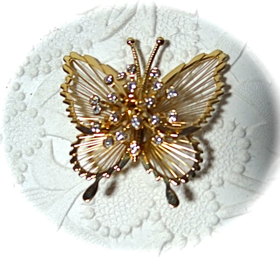 Gold Rhinestone Butterfly Brooch Vintage Monet Pi… - image 1