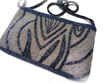 Vintage Black & Silver Evening Bag Beaded Handbags Zebra Purse VH-162