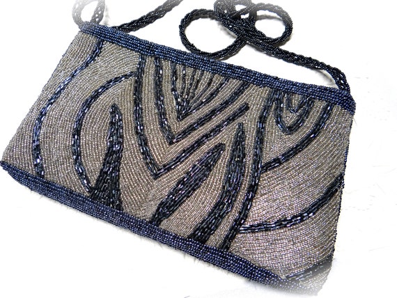 Vintage Black & Silver Evening Bag Beaded Handbags Zebra Purse VH-162