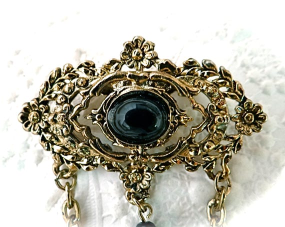 Victorian Brooch Costume Jewelry Gold & Black Pin… - image 3