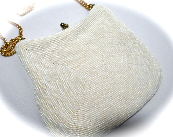 Ivory Beaded Evening Bag Vintage 1950's Handbag V… - image 5