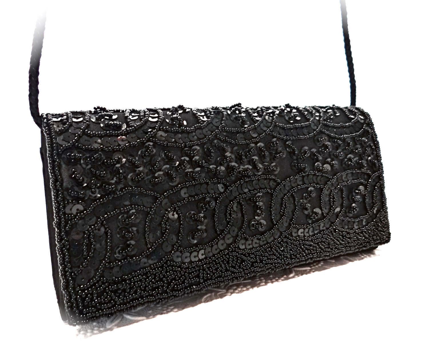 Vintage Beaded Black Handbag Black Evening Bags Sequin Purse - Etsy